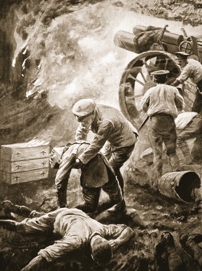 Le sergent T. Green sauvant, seul, trois hommes grièvement blessés d
